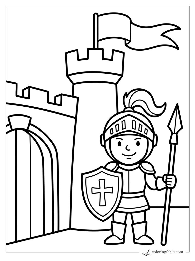 Easy coloring page of a smiling knight with shield and spear beside a castle gate and flag tower.