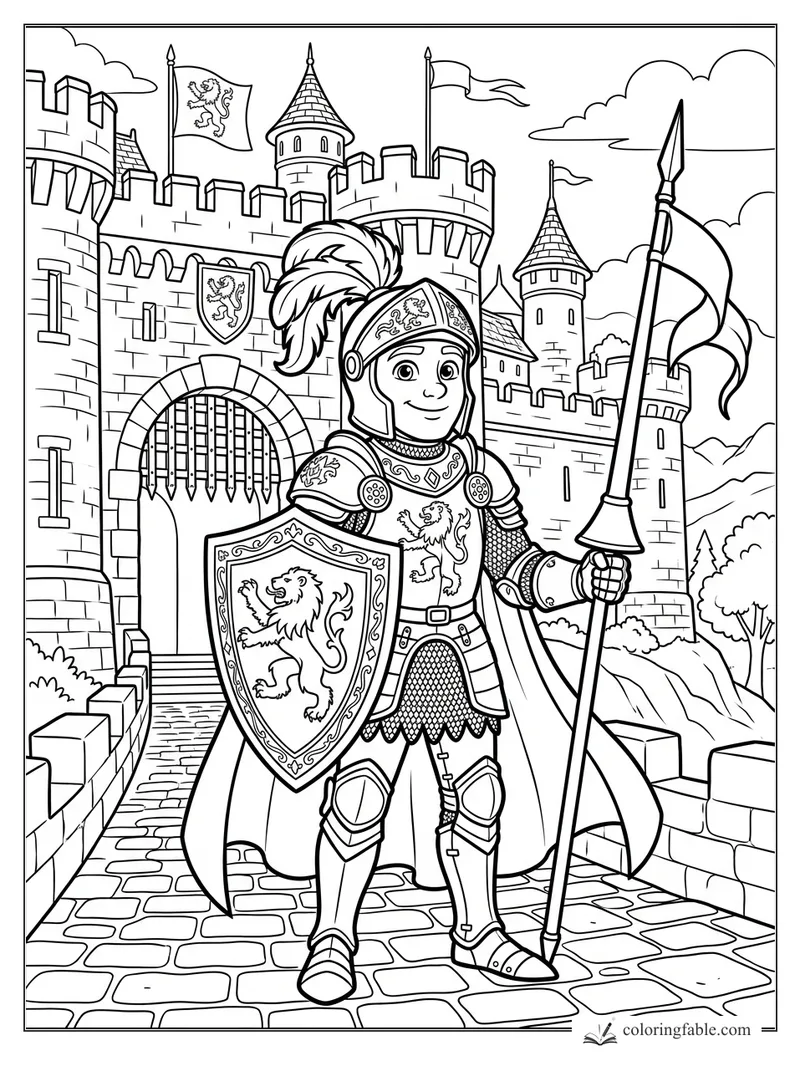 Cartoon knight with lion shield and spear standing before a castle gate and towers
