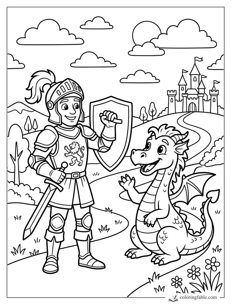 Cartoon knight with sword and shield greeting a happy dragon near a castle, hills, clouds, sun, and flowers