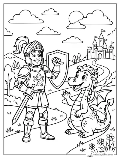 Cartoon knight with sword and shield greeting a happy dragon near a castle, hills, clouds, sun, and flowers