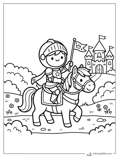 Kawaii knight on a horse carrying a flag, with a castle, bushes, flowers, and path behind them.
