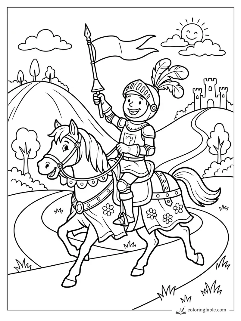Cartoon knight on a decorated horse, holding a flag, with castle, hills, clouds, and smiling sun.