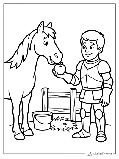 Cartoon knight in armor offers an apple to a horse beside a fence, bucket, and hay.