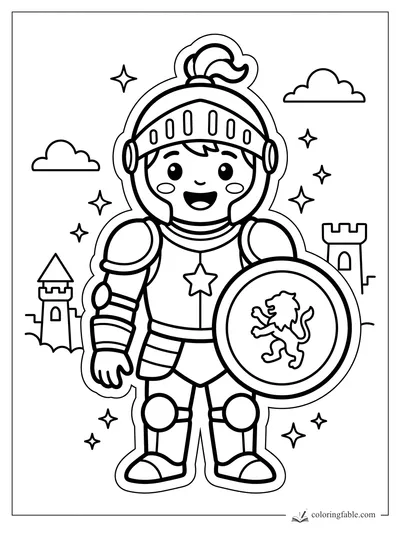 Smiling young knight in armor holding a round lion shield, with castle towers, clouds, and stars.