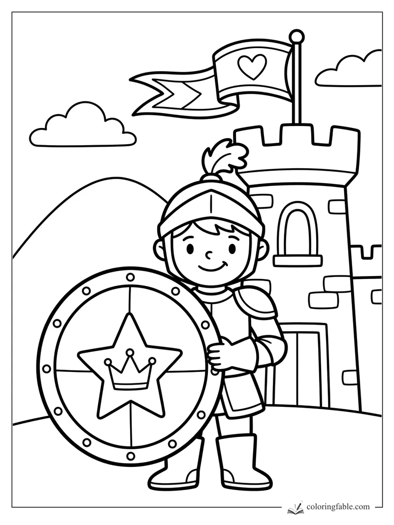 Smiling young knight holding a round star shield in front of a castle tower and heart flag