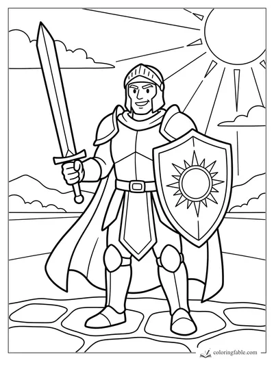 Bold coloring page of a smiling knight holding a sword and sun shield under a bright sky