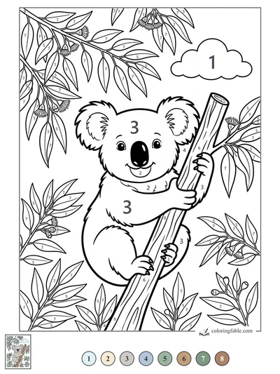Smiling Koala Climbing a Eucalyptus Branch — color by number
