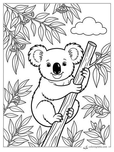 Cute koala hugging a eucalyptus branch with leafy blossoms and a small cloud overhead