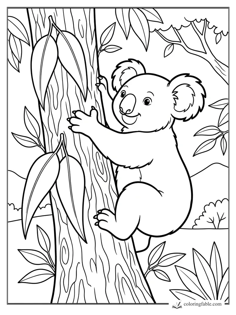 Easy koala coloring page with a smiling koala climbing a eucalyptus tree among long leaves.
