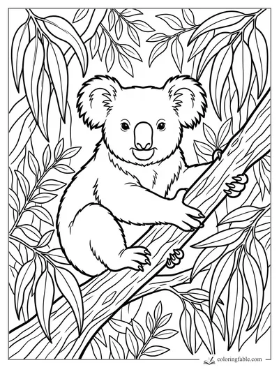 Smiling koala hugging a eucalyptus branch amid long leaves and leafy sprigs coloring page