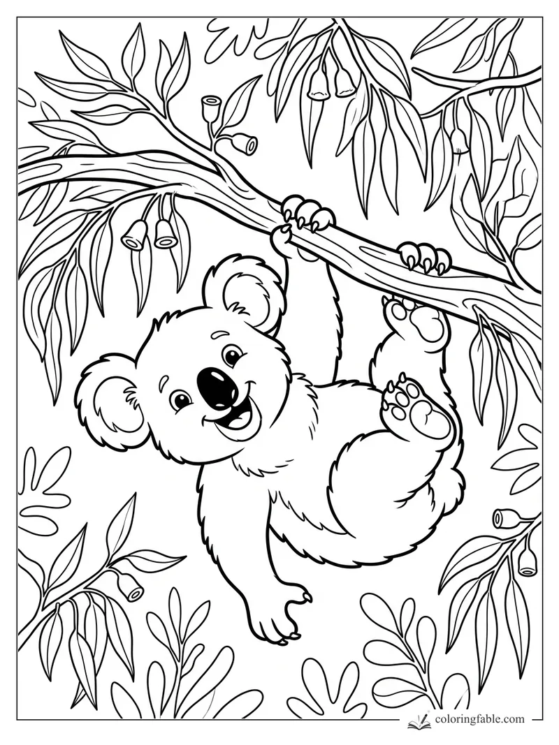 Cartoon koala hanging from a eucalyptus branch with leafy stems, gum nuts, big ears, and happy face.