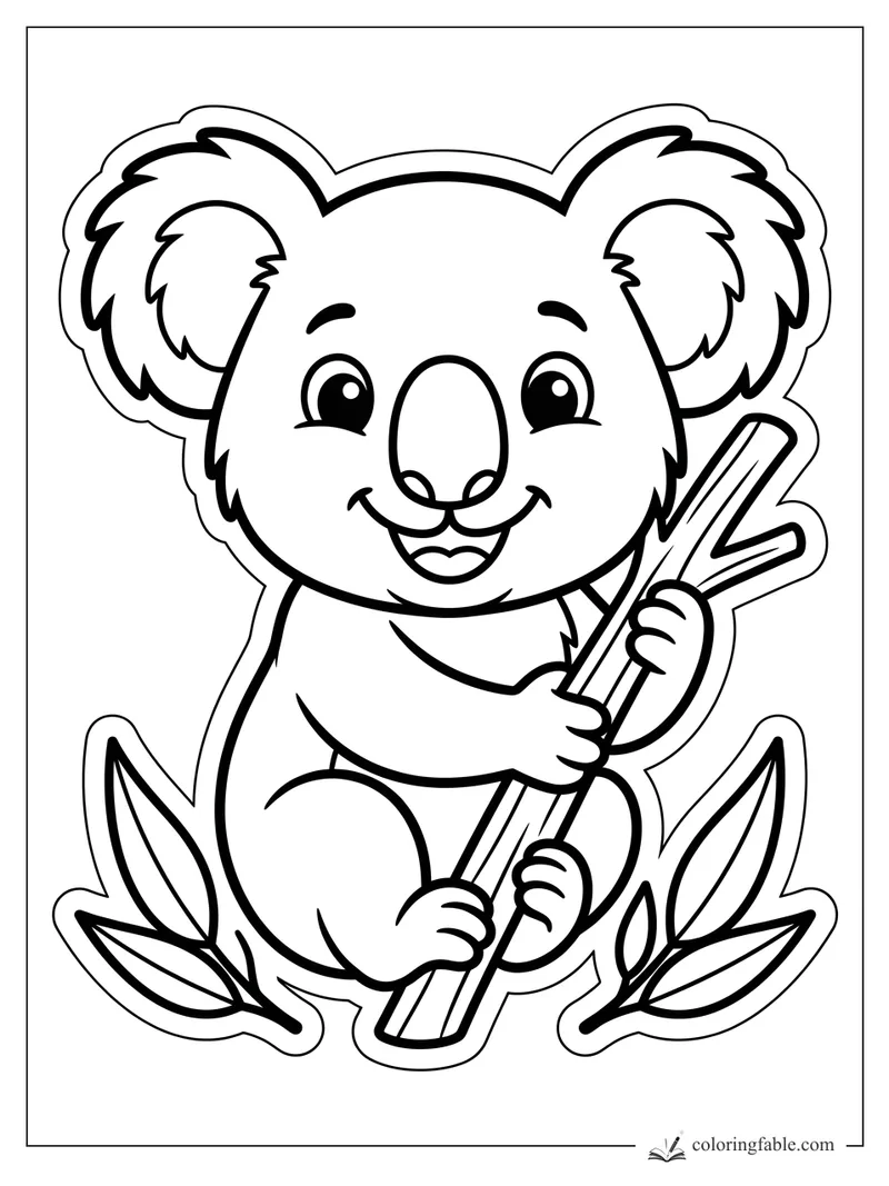 Cute sticker-style koala smiling and hugging eucalyptus stems with leafy shoots at its feet.