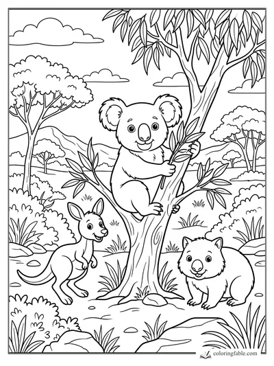 Cartoon koala holding eucalyptus leaves in a tree with kangaroo, wombat, hills, clouds, and bushes.