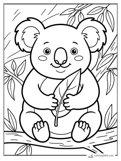 Cute koala sitting on a tree branch holding a big eucalyptus leaf, with leafy branches behind it.