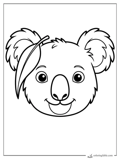 Bold easy koala face coloring page with big ears, shiny eyes, and a long leaf by one ear.