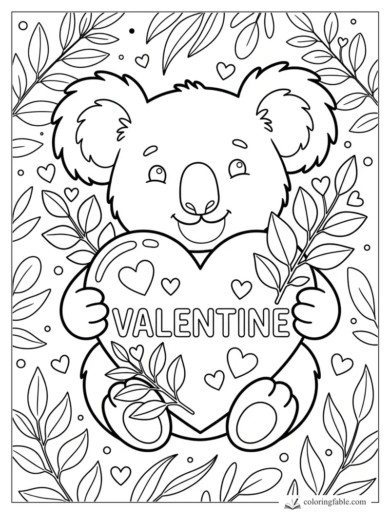 Smiling koala holding a big Valentine heart, surrounded by leafy branches, tiny hearts, and dots.