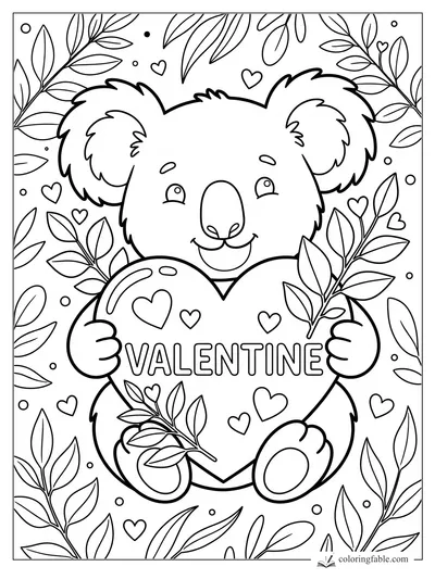 Smiling koala holding a big Valentine heart, surrounded by leafy branches, tiny hearts, and dots.