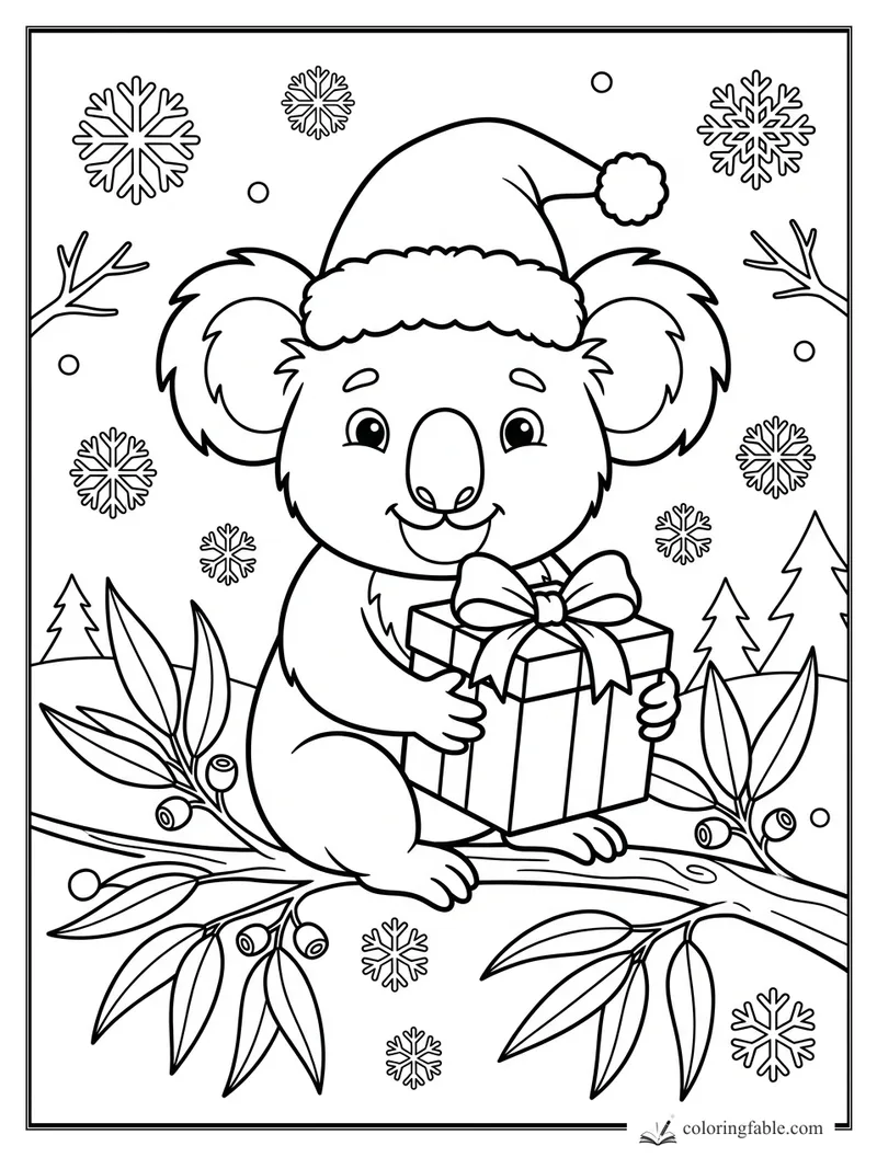 Cartoon koala in a Santa hat holding a wrapped present on snowy eucalyptus branches.
