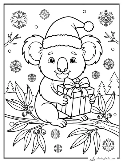 Cartoon koala in a Santa hat holding a wrapped present on snowy eucalyptus branches.