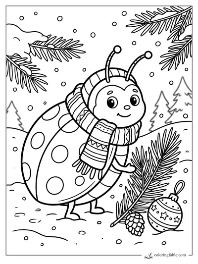 Cartoon ladybug wearing a patterned scarf among pine branches, snowflakes, pinecone, and ornament