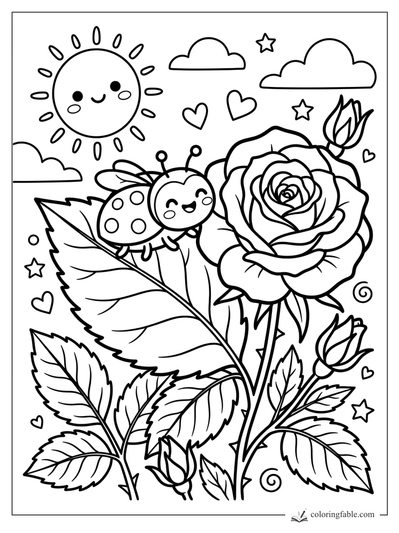 Kawaii rose with a smiling ladybug, sun, clouds, hearts, stars, buds, and leafy stems.