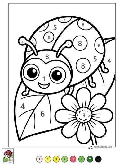 Smiling Ladybug on a Leaf with a Daisy — color by number