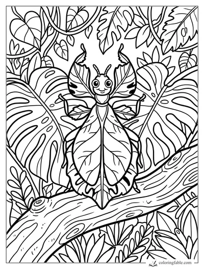 Smiling leaf insect on a branch among monstera leaves, vines, and jungle foliage coloring page