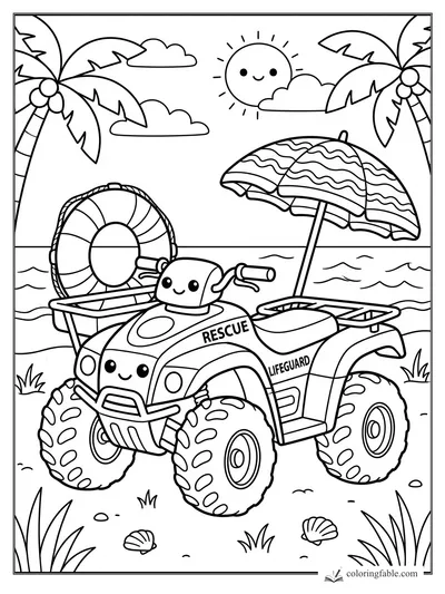 Kawaii lifeguard rescue ATV with umbrella, life ring, palm trees, waves, and smiling sun on a beach.