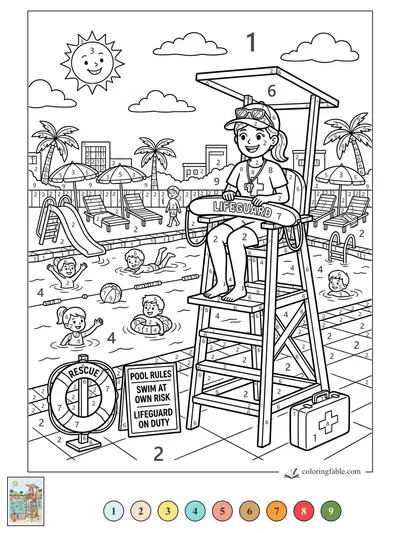 Smiling Lifeguard Watching the Busy Pool — color by number