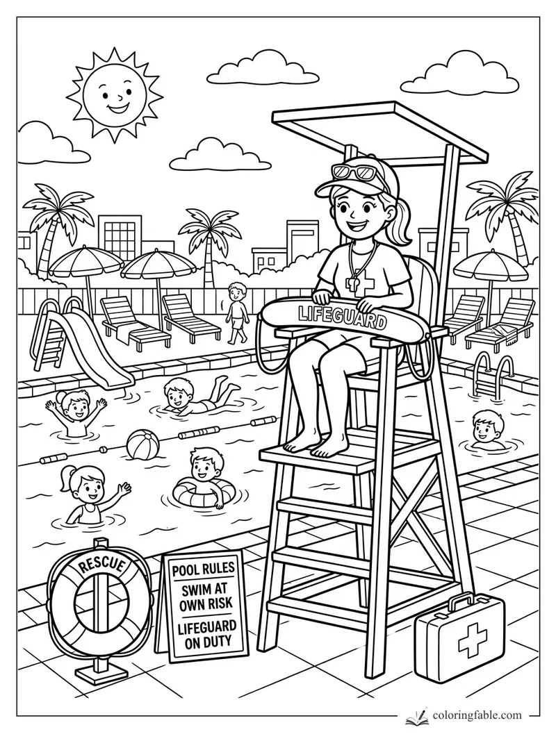 Cartoon lifeguard on a tall chair watching kids swim at a pool with rescue gear and umbrellas.