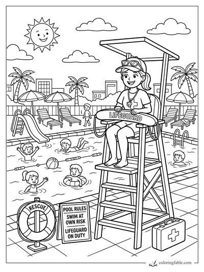 Cartoon lifeguard on a tall chair watching kids swim at a pool with rescue gear and umbrellas.
