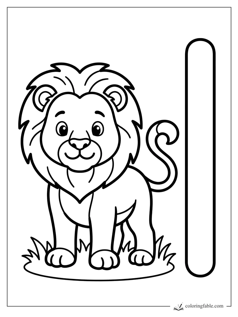 Cute lion with a fluffy mane, curled tail, grass tufts, and a tall rounded post coloring page