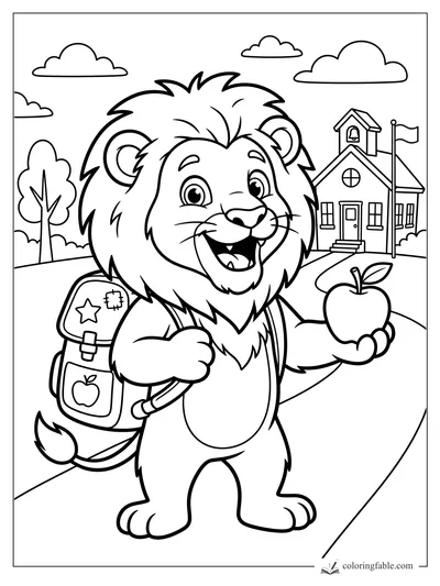 Cartoon lion cub with backpack and apple walking toward a schoolhouse with flag and clouds
