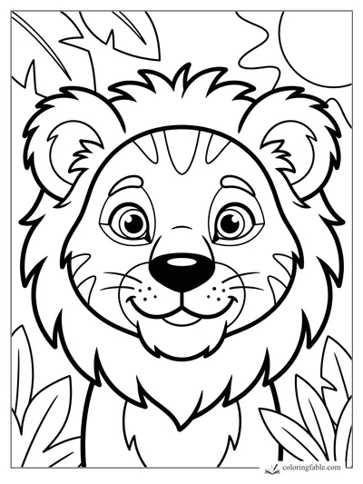 Bold easy lion cub coloring page with big eyes, fluffy mane, jungle leaves, and sun