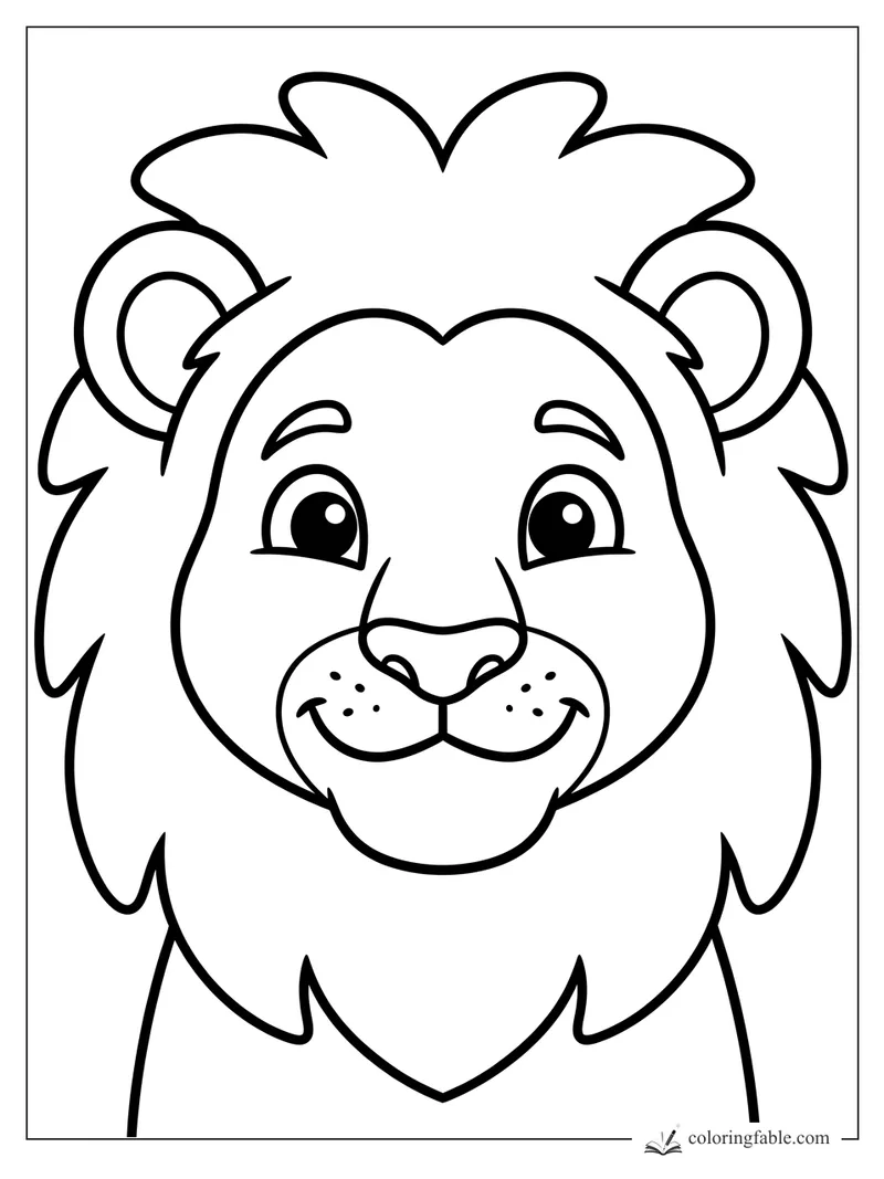 Bold easy coloring page of a smiling lion face with big eyes, round ears, whisker dots, and fluffy mane