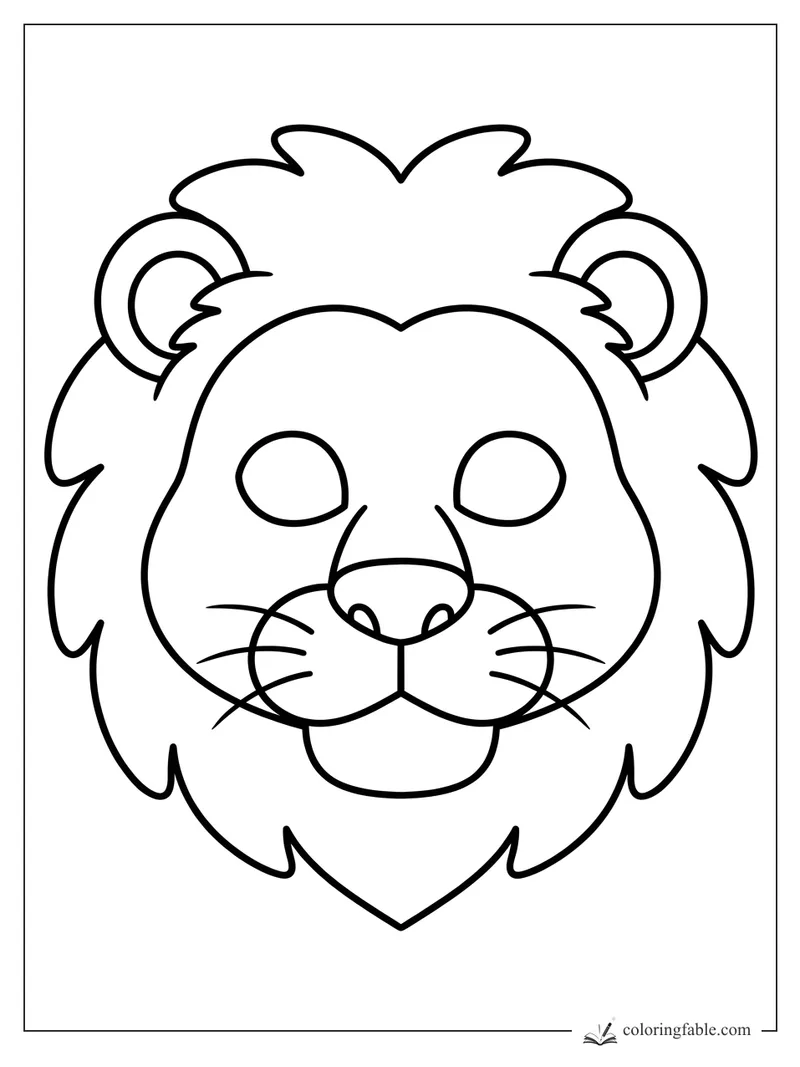 Easy cartoon lion face coloring page with fluffy mane, round ears, whiskers, and a big smile.