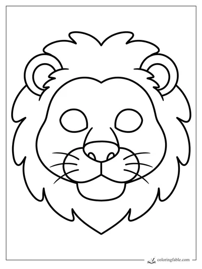 Easy cartoon lion face coloring page with fluffy mane, round ears, whiskers, and a big smile.