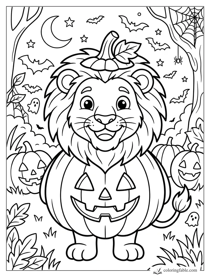 Cartoon lion wearing a pumpkin costume under bats, stars, crescent moon, spiderwebs, and jack-o’-lanterns.