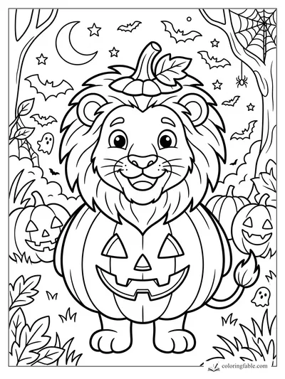 Cartoon lion wearing a pumpkin costume under bats, stars, crescent moon, spiderwebs, and jack-o’-lanterns.