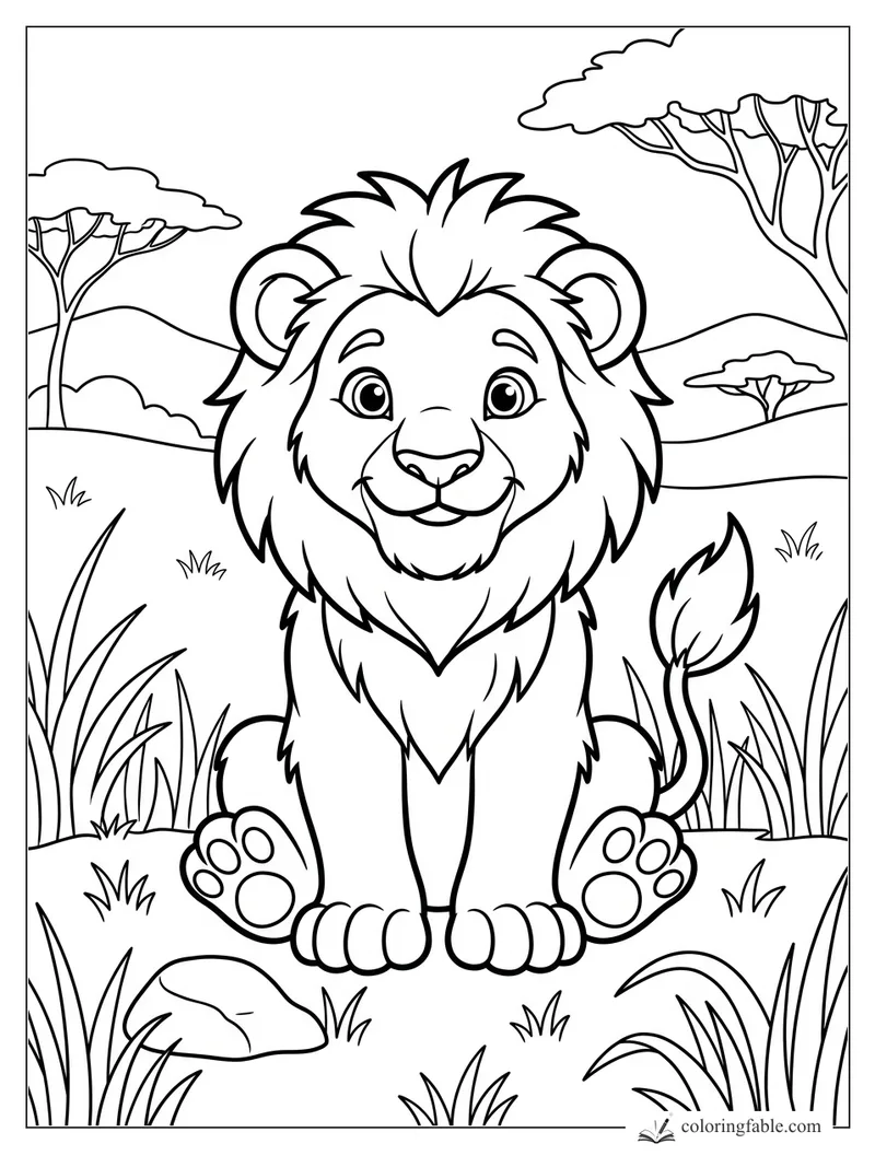 Cute smiling lion with a fluffy mane sitting among tall savanna grass and acacia trees