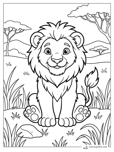 Cute smiling lion with a fluffy mane sitting among tall savanna grass and acacia trees