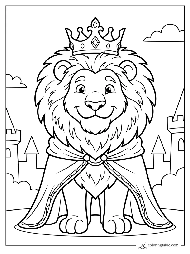 Cartoon lion king with crown and cape standing between castle towers and clouds