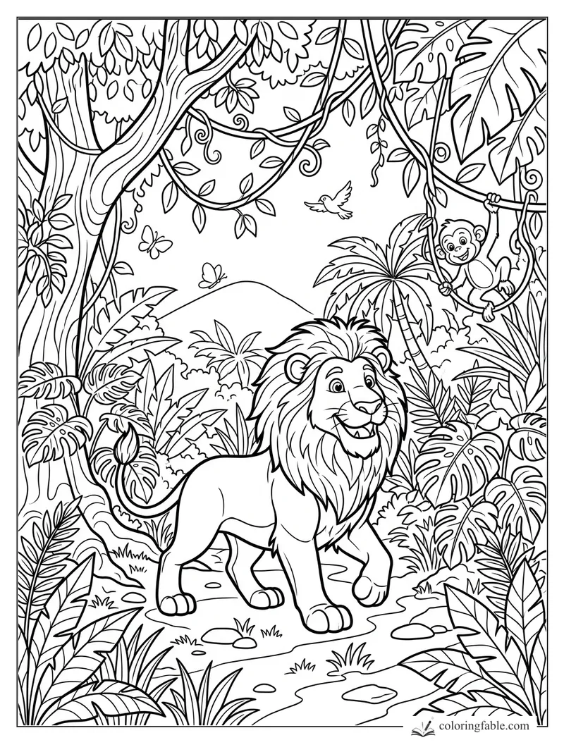 Cartoon lion walking on a jungle path with vines, monkey, bird, butterflies, and big tropical leaves.