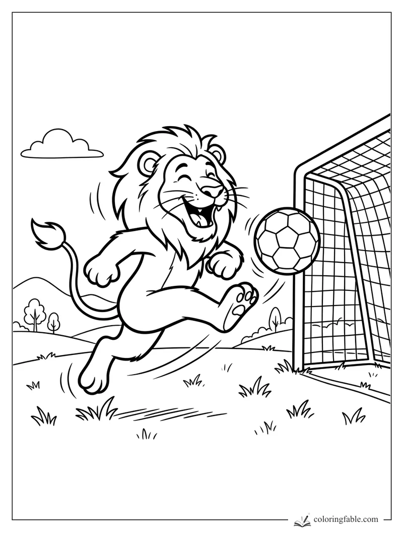 Cartoon lion kicking a soccer ball toward a net on a grassy field with hills and a cloud