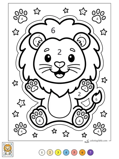 Smiling Lion Sticker With Stars and Paw Prints — color by number