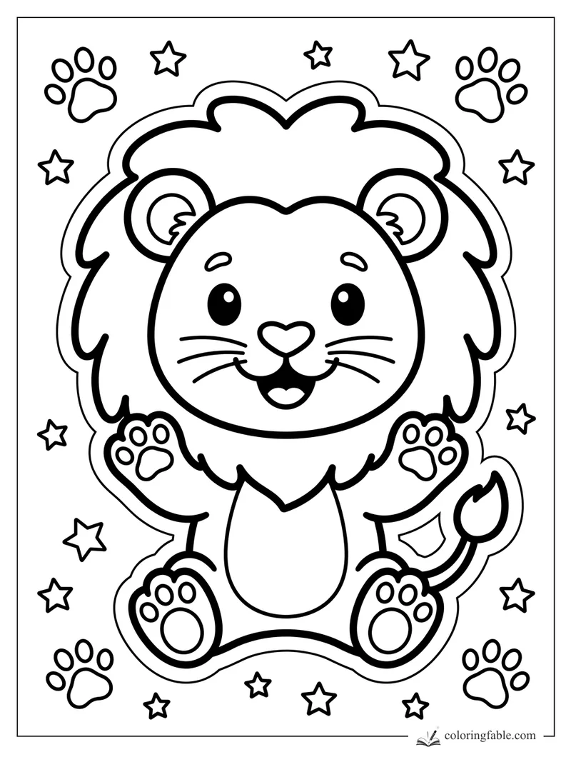 Cute lion sticker coloring page with raised paws, fluffy mane, stars, and paw print decorations