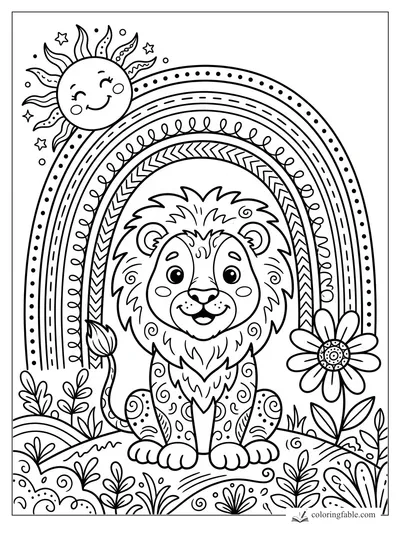 Boho lion coloring page with a smiling sun, patterned rainbow, flowers, leaves, stars, and swirls.