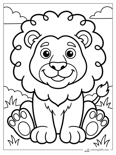 Smiling cartoon lion with a big fluffy mane, paw pads, grass, clouds, and a tufted tail.
