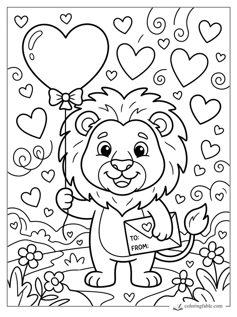 Cartoon lion holding a heart balloon and Valentine envelope among hearts, swirls, and flowers.