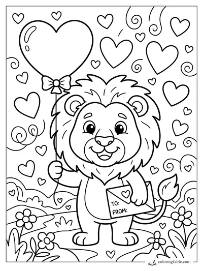 Cartoon lion holding a heart balloon and Valentine envelope among hearts, swirls, and flowers.